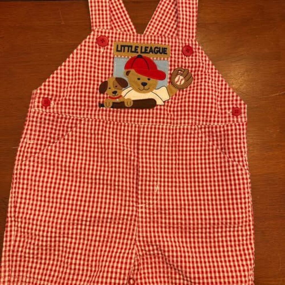 Baseball baby shortall overalls gingham